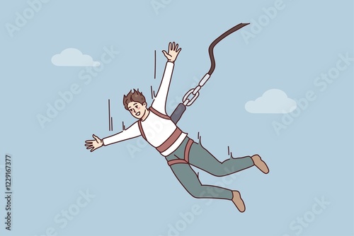 Excited young man jumping with parachute. Smiling guy enjoy extreme sport with rope jumping. illustration