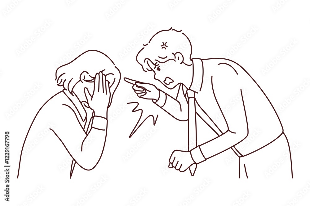 Furious businessman scolding stressed female employee at workplace. Angry male boss lecture scream at unhappy distressed woman worker. Vector illustration