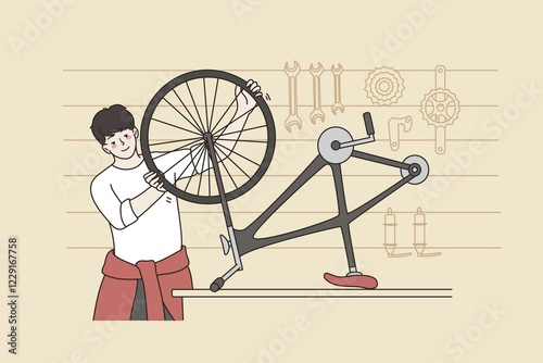 Wallpaper Mural Smiling young man repair bicycle on table in garage or workshop. Happy guy mechanic fixing bike in shop. Small business or entrepreneur, good service concept. Flat vector illustration Torontodigital.ca
