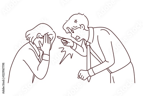 Obraz na płótnie Furious businessman scolding stressed female employee at workplace. Angry male boss lecture scream at unhappy distressed woman worker. Vector illustration w salonie