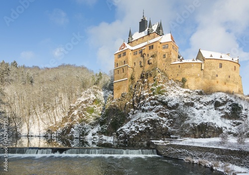 Kriebstein Castle with Zschopau river in winter, Kriebstein, Central Saxony, Saxony, Germany, Europe photo