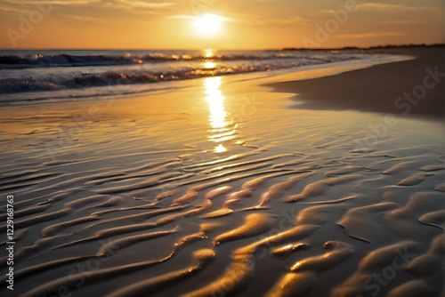 Sunset mood on a whispering tranquil costal landscape with sandy beach, AI generated photo