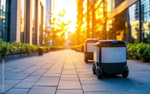 robot delivering food along a modern city sidewalk during sunset, with building reflecting warm light