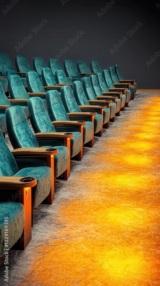 Obraz premium A row of empty, vibrant teal movie theater seats illuminated softly.