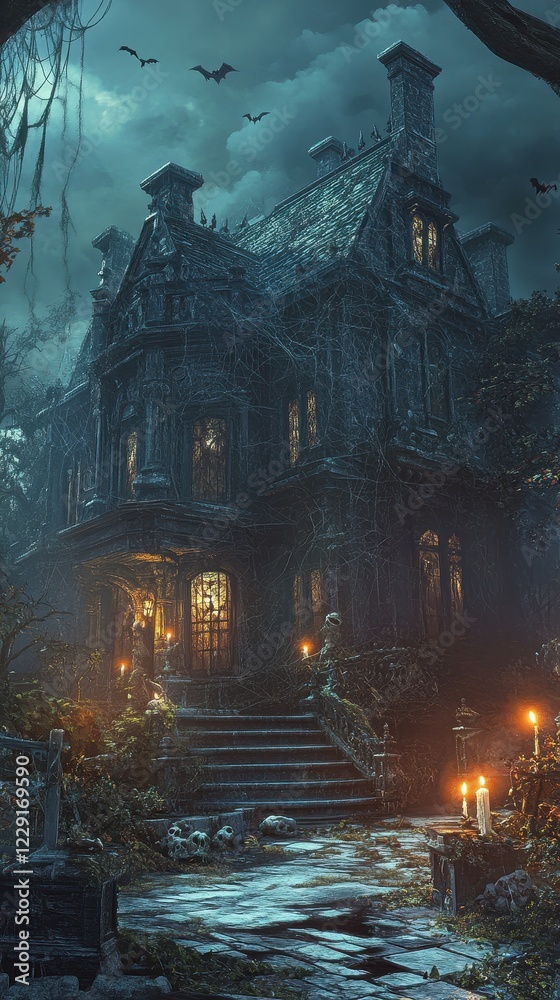 Spooky Haunted Mansion Surrounded by Fog and Bats at Night Spooky Haunted Mansion Surrounded by Fog and Bats at Night