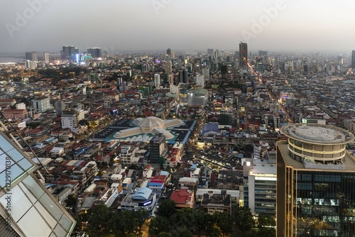 Panoramic view from Vattanac Capital Tower, city view, central market Phsar Thmei and Canadia Bank, skyline, Phnom Penh, Cambodia, Asia photo