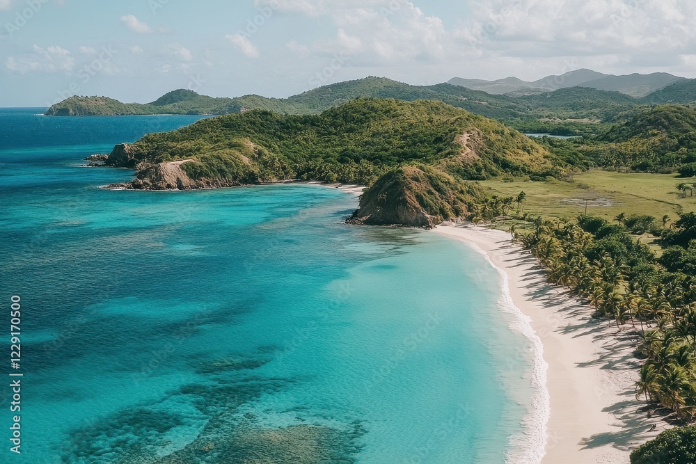 Serene Tropical Beach with Turquoise Water and Lush Green Hills Serene Tropical Beach with Turquoise Water and Lush Green Hills