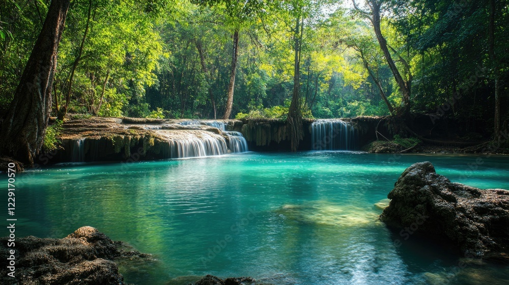 Fototapeta premium Serene Waterfall Cascading into a Lush Green Forest Pool