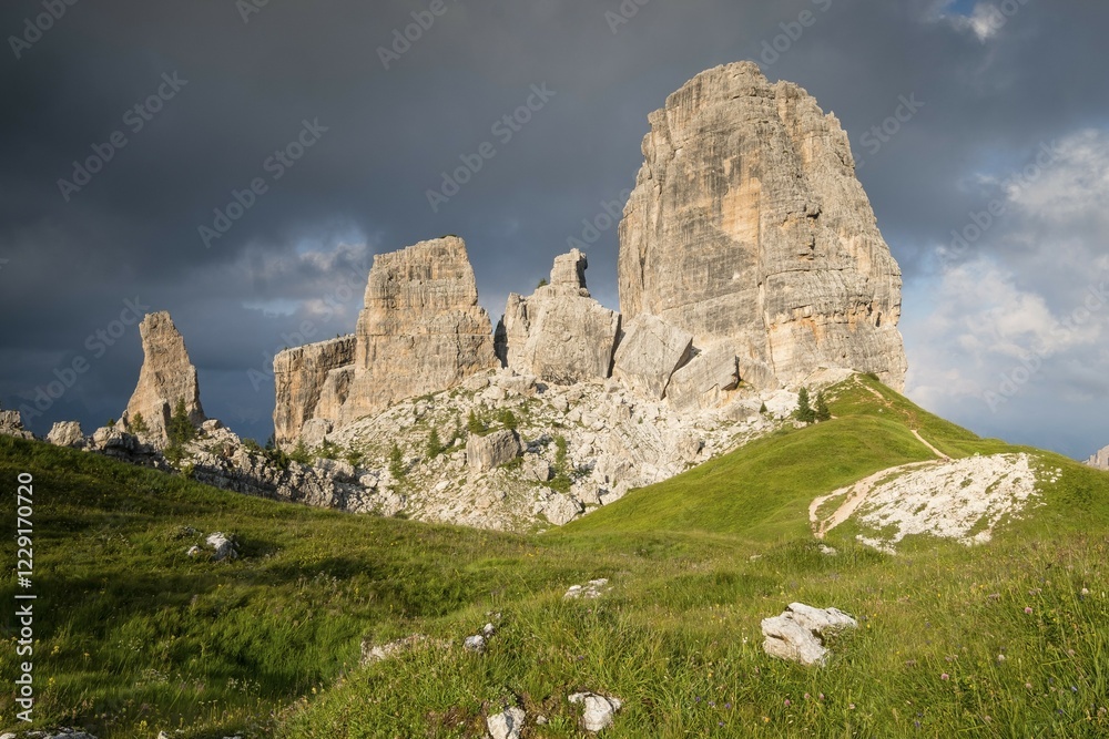 Cinque Torri in the evening light, Cinque Torri, climbing rocks, Dolomites, Alps, province Belluno, region Veneto, Veneto, Italy, Europe Cinque Torri in the evening light, Cinque Torri, climbing rocks, Dolomites, Alps, province Belluno, region Veneto, Veneto, Italy, Europe