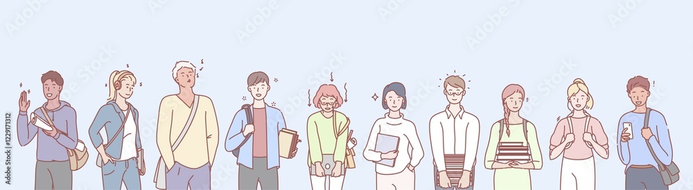 College or university leisure set concept. Ilustration of students boys and girls studying in college. Collection of students, young men and women spending their leisure time in school College or university leisure set concept. Ilustration of students boys and girls studying in college. Collection of students, young men and women spending their leisure time in school