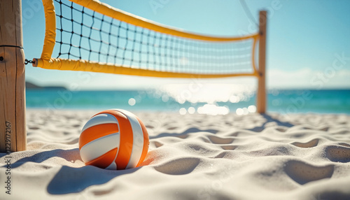 Beach volleyball ball on sand near net with ocean background