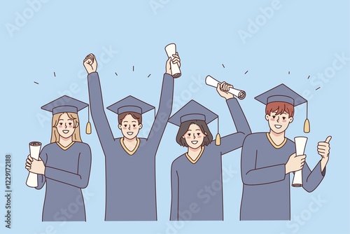 Obraz na płótnie Excited people in mantles holding diplomas celebrate college graduation. Smiling students on university degree celebration. Education concept. illustration w salonie