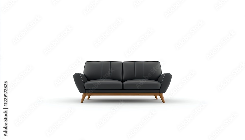 Modern black leather sofa with wooden legs, centered in a minimalist white room, ideal for interior design Modern black leather sofa with wooden legs, centered in a minimalist white room, ideal for interior design