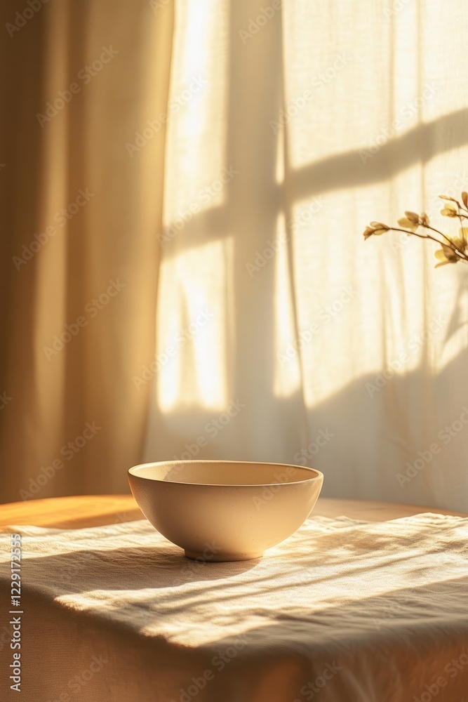 A serene image of a ceramic bowl on a sunlit table, casting soft shadows, creating a warm and inviting atmosphere. A serene image of a ceramic bowl on a sunlit table, casting soft shadows, creating a warm and inviting atmosphere.