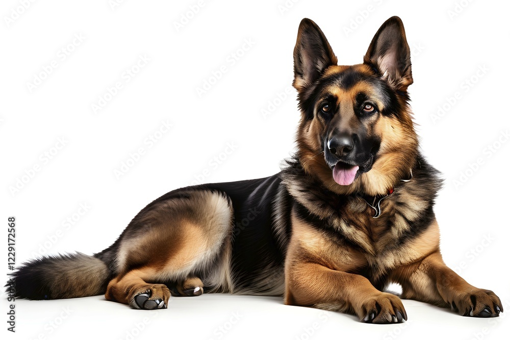 German shepherd dog lying, isolated on white background, ai generated, AI generated German shepherd dog lying, isolated on white background, ai generated, AI generated