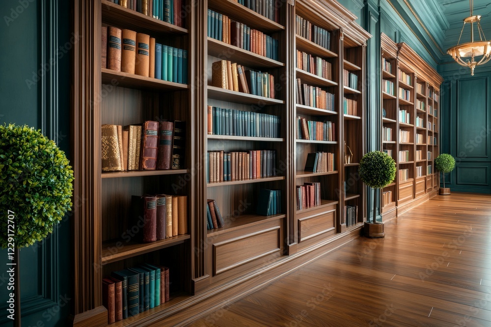 Elegant Wooden Bookshelves in a Polished Professional Space Elegant Wooden Bookshelves in a Polished Professional Space