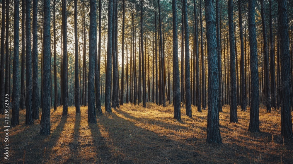 Golden Sunset Illuminates Tall Pine Forest Trees Golden Sunset Illuminates Tall Pine Forest Trees
