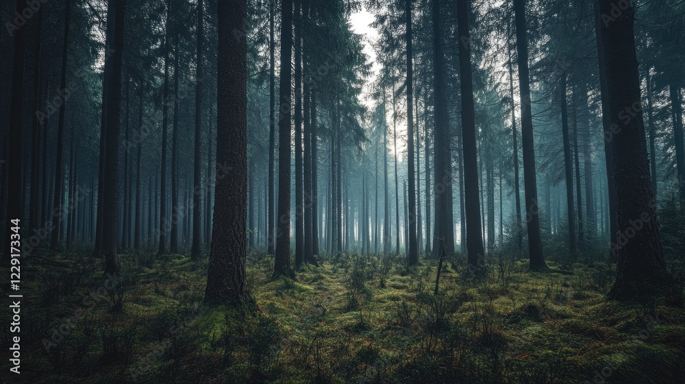 Fototapeta premium Misty Forest Path Among Tall Dark Trees