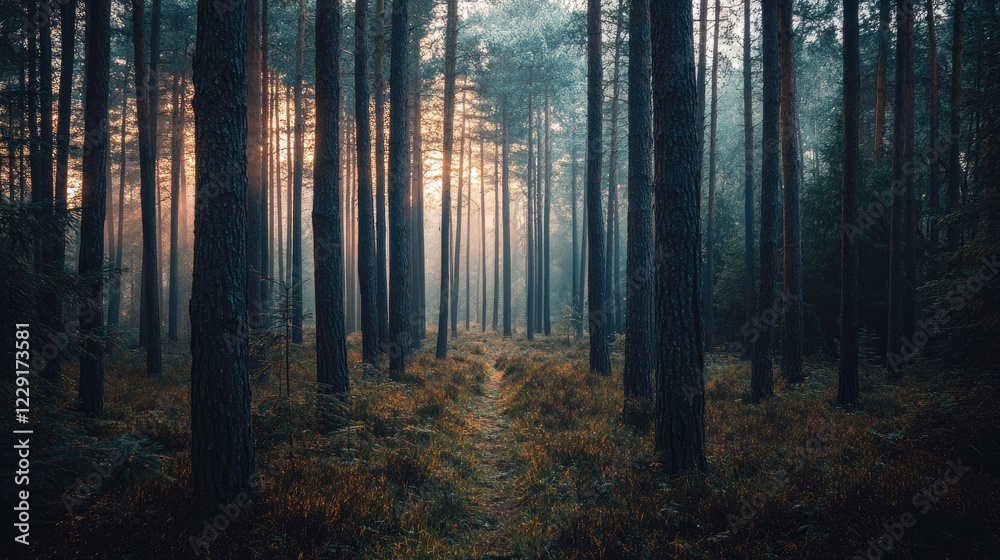 Obraz premium Sunrise Path Through A Misty Pine Forest