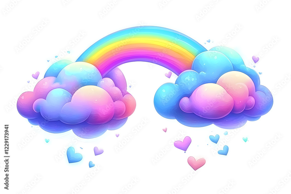 Vibrant cartoon clouds with colorful rainbow arching between them, surrounded by hearts, create cheerful and whimsical atmosphere Vibrant cartoon clouds with colorful rainbow arching between them, surrounded by hearts, create cheerful and whimsical atmosphere