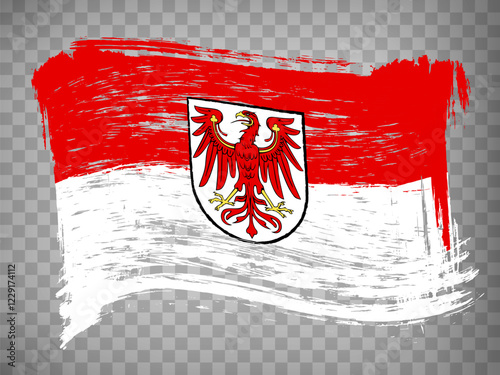 Flag Brandenburg of Germany, brush stroke background.  Waving Flag Brandenburg with Coat of arms and with title on tranparent backrgound  for your web site design, logo, app, UI.  EPS10.
