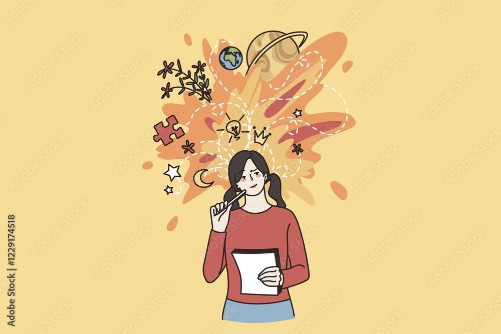 Young woman hold paper think or visualize ideas, brainstorm contemplating. Millennial girl student write in notebook, engaged in creative thinking. Inspiration, visualization. Vector illustration