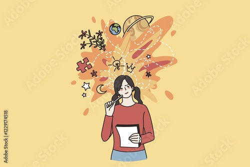 Obraz na płótnie Young woman hold paper think or visualize ideas, brainstorm contemplating. Millennial girl student write in notebook, engaged in creative thinking. Inspiration, visualization. Vector illustration w salonie
