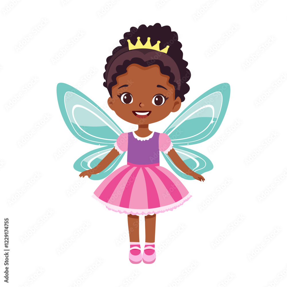 Cute dark-skinned fairy girl in pink dress and wings vector illustration. Image of charming child fairy tale character on isolated background. Cute dark-skinned fairy girl in pink dress and wings vector illustration. Image of charming child fairy tale character on isolated background.