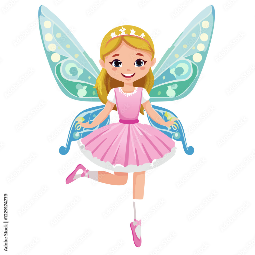 Cute fairy girl in pink dress and wings vector illustration. Image of charming child fairy tale character on isolated background. Cute fairy girl in pink dress and wings vector illustration. Image of charming child fairy tale character on isolated background.