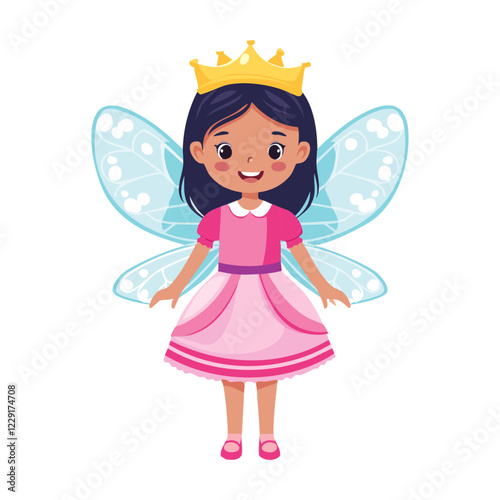 Cute fairy girl in pink dress and wings vector illustration. Image of charming child fairy tale character on isolated background.