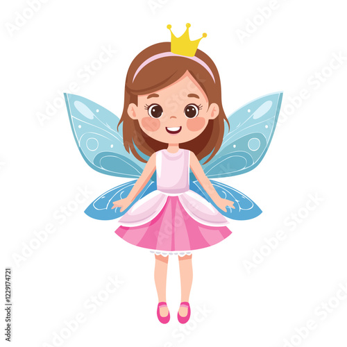 Cute fairy girl in pink dress and wings vector illustration. Image of charming child fairy tale character on isolated background.