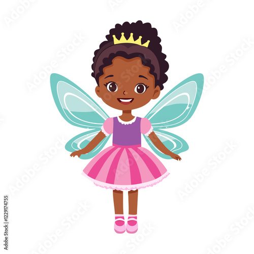 Cute dark-skinned fairy girl in pink dress and wings vector illustration. Image of charming child fairy tale character on isolated background.