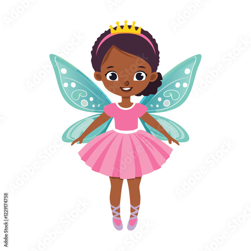 Cute dark-skinned fairy girl in pink dress and wings vector illustration. Image of charming child fairy tale character on isolated background.