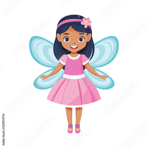 Cute fairy girl in pink dress and wings vector illustration. Image of charming child fairy tale character on isolated background.