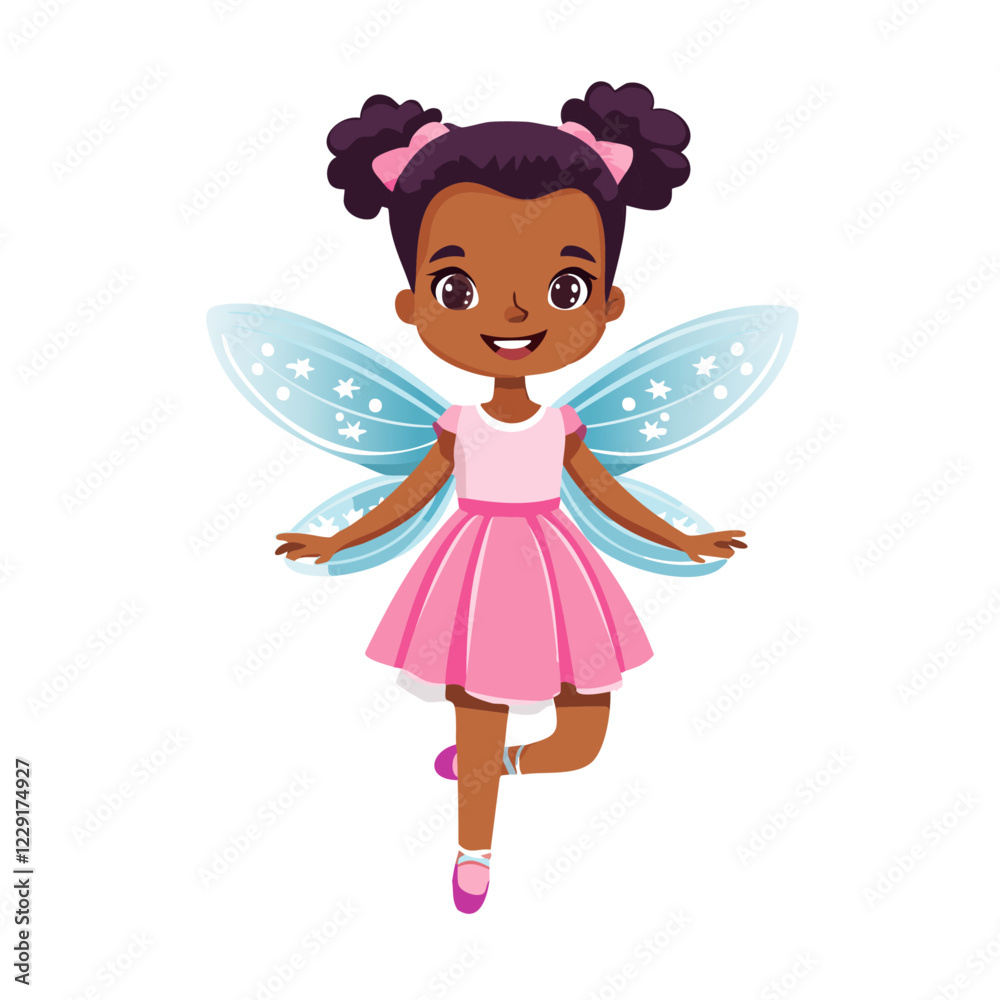 Cute dark-skinned fairy girl in pink dress and wings vector illustration. Image of charming child fairy tale character on isolated background. Cute dark-skinned fairy girl in pink dress and wings vector illustration. Image of charming child fairy tale character on isolated background.