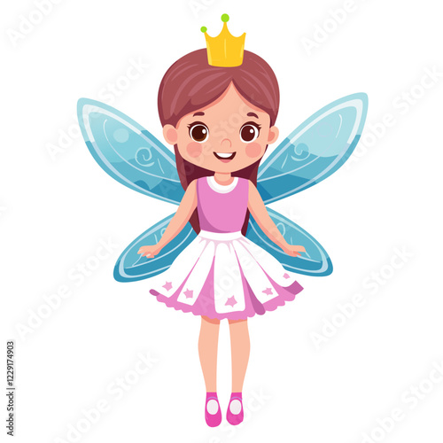 Cute fairy girl in pink dress and wings vector illustration. Image of charming child fairy tale character on isolated background.