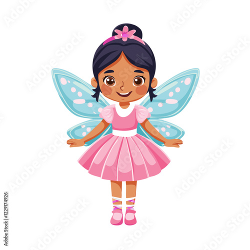 Cute dark-skinned fairy girl in pink dress and wings vector illustration. Image of charming child fairy tale character on isolated background.