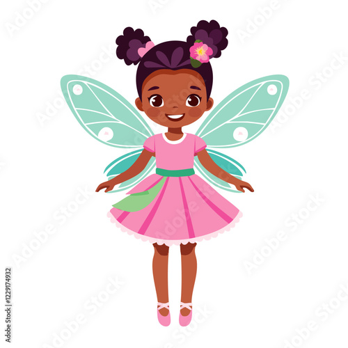 Cute dark-skinned fairy girl in pink dress and wings vector illustration. Image of charming child fairy tale character on isolated background.