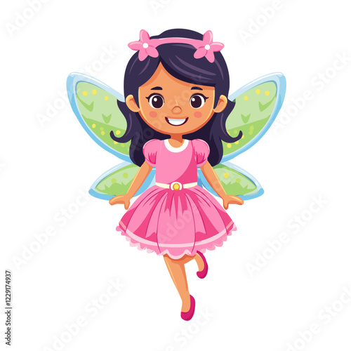 Cute fairy girl in pink dress and wings vector illustration. Image of charming child fairy tale character on isolated background.