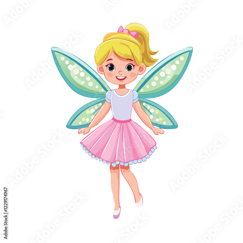 Cute fairy girl in pink dress and wings vector illustration. Image of charming child fairy tale character on isolated background.