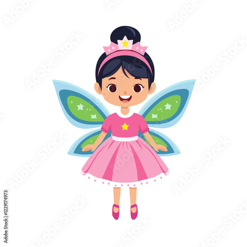 Cute fairy girl in pink dress and wings vector illustration. Image of charming child fairy tale character on isolated background.