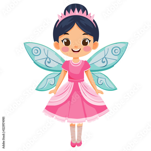 Cute fairy girl in pink dress and wings vector illustration. Image of charming child fairy tale character on isolated background.