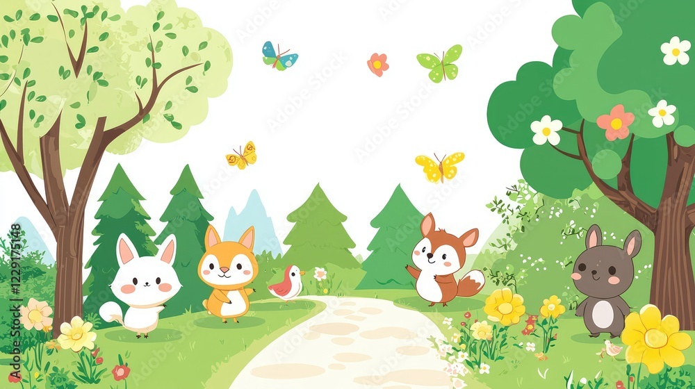 Naklejka premium Cute Cartoon Animals in a Colorful Nature Scene with Flowers