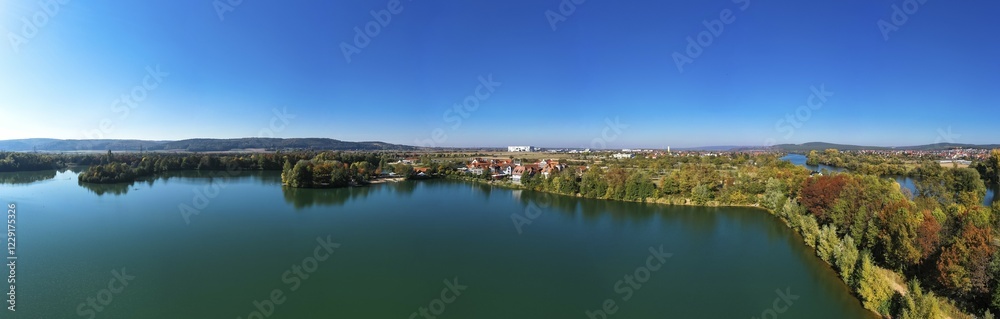 Drone image, Niedernberg lakeland, Niedernberg, Lower Franconia, Bavaria, Germany, Europe Drone image, Niedernberg lakeland, Niedernberg, Lower Franconia, Bavaria, Germany, Europe