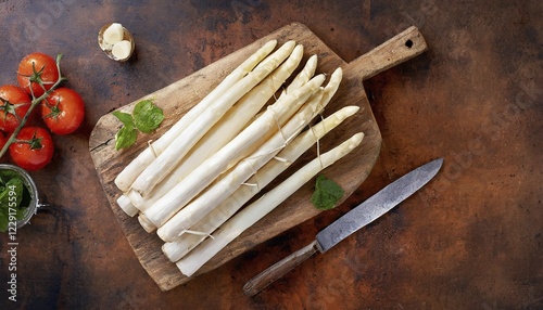 Fresh white asparagus on an old wooden board, surrounded by tomatoes and mint, fresh white asparagus, KI generated, AI generated