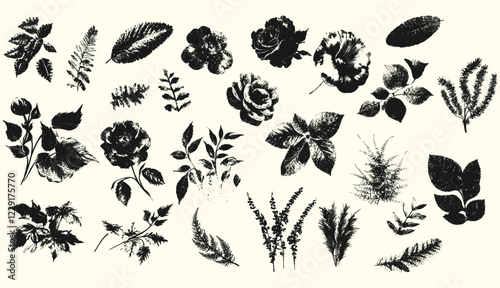 A collection of vector stamp effect floral elements including leaves, roses and various plants