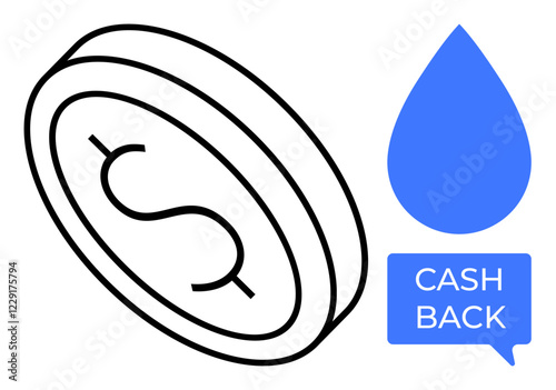 Coin with dollar sign and blue cashback tag inside a speech bubble. Ideal for financial savings, cash rewards, economic benefits, financial incentives, promotions, discount offers, and customer