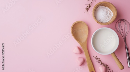 Kitchen utensils and ingredients on a pastel surface