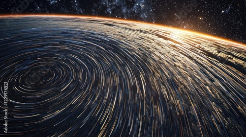 Fototapeta Naklejka Na Ścianę i Meble -  Cosmic Swirl: A mesmerizing view of Earth from space, showcasing star trails swirling around the planet during a sunrise.