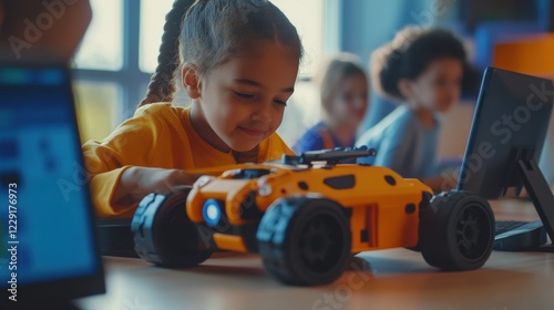 Diverse school children students build robotic cars using computers and coding. Happy multiethnic kids learning programming robot vehicles sitting at table at STEM education science engineering class photo